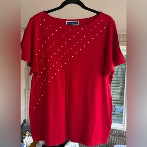Karen Scott Red Short Sleeve Studded Boat Neck Top - Size 1X